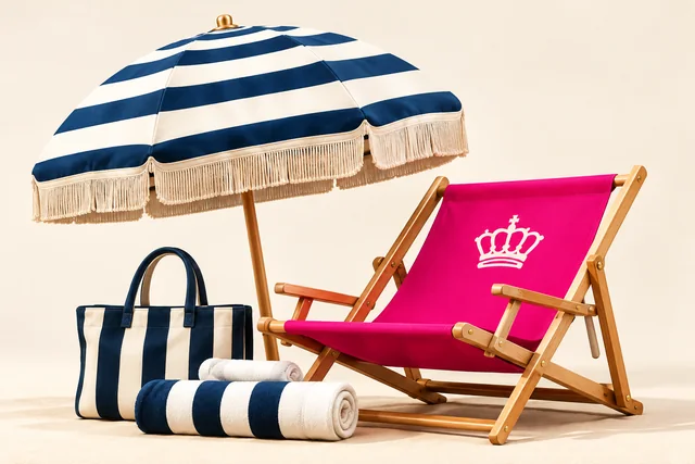 Illustration d’un parasol rayé bleu et ivoire et d’une chaise longue fuchsia