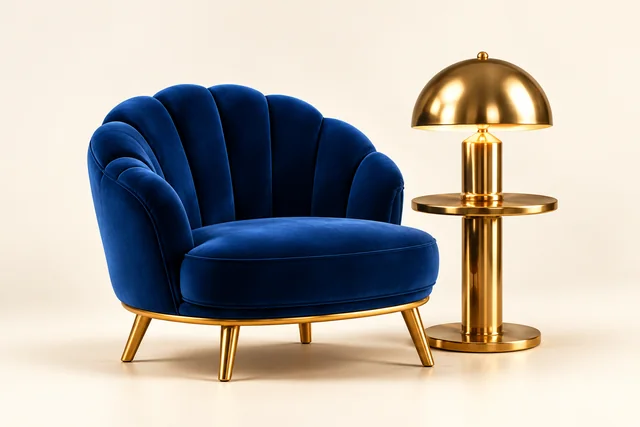 Illustration d’un fauteuil bleu marine et d’une lampe dorée sur fond ivoire