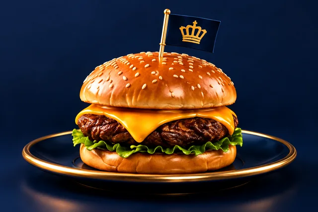 Illustration d’un burger et d’un petit drapeau couronné sur fond bleu marine